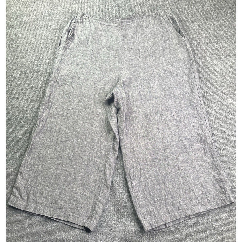 Match Point Linen Pants Womens L Blue Gray Wide Leg Crop Elastic Waist‎ YDP134